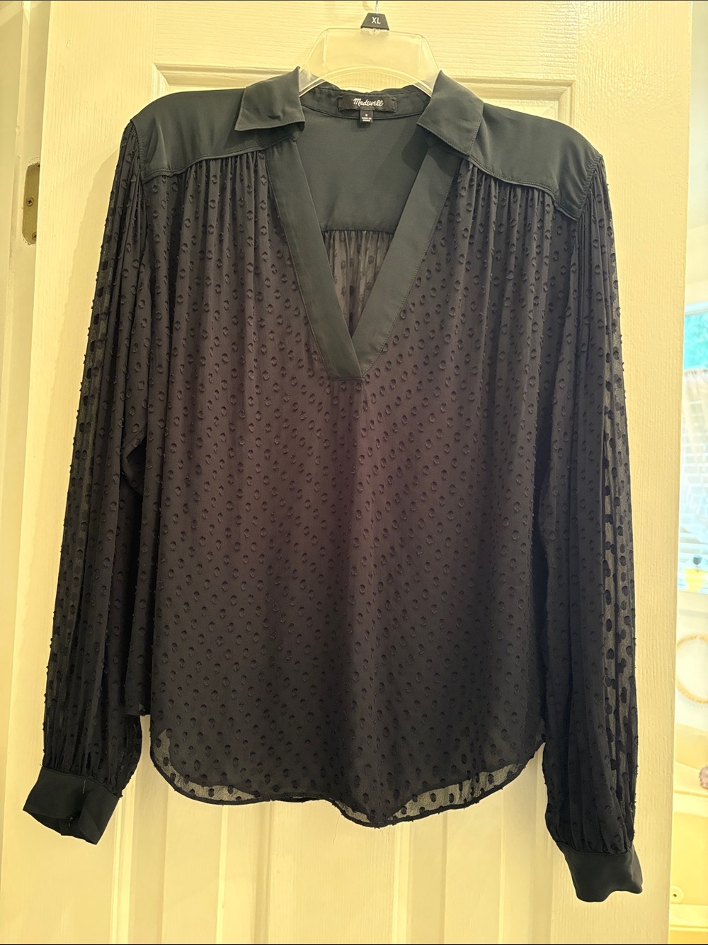 Madewell Black Sheer Swiss Dot V-Neck Blouse
